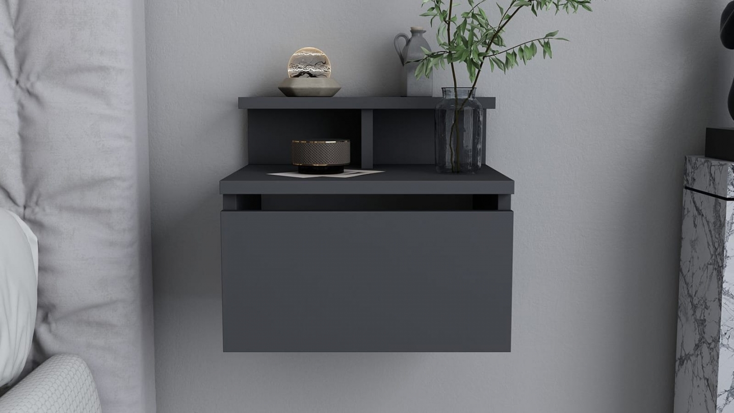 Table de chevet suspendue 1 porte gris anthracite 40 cm - Mara Table de chevet suspendue 1 porte gris anthracite 40 cm - Mara