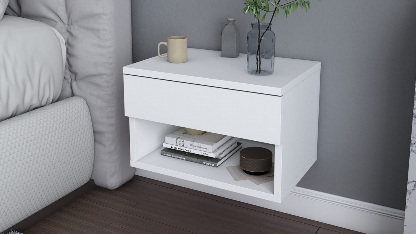 Table de chevet suspendue 1 troir 1 niche blanche 45 cm - Cosenza Table de chevet suspendue 1 troir 1 niche blanche 45 cm - Cosenza