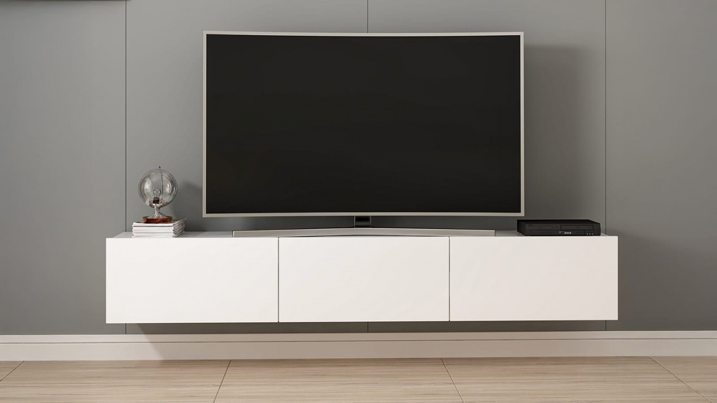 Meuble TV suspendu 3 portes blanc 180 cm - Veria Meuble TV suspendu 3 portes blanc 180 cm - Veria