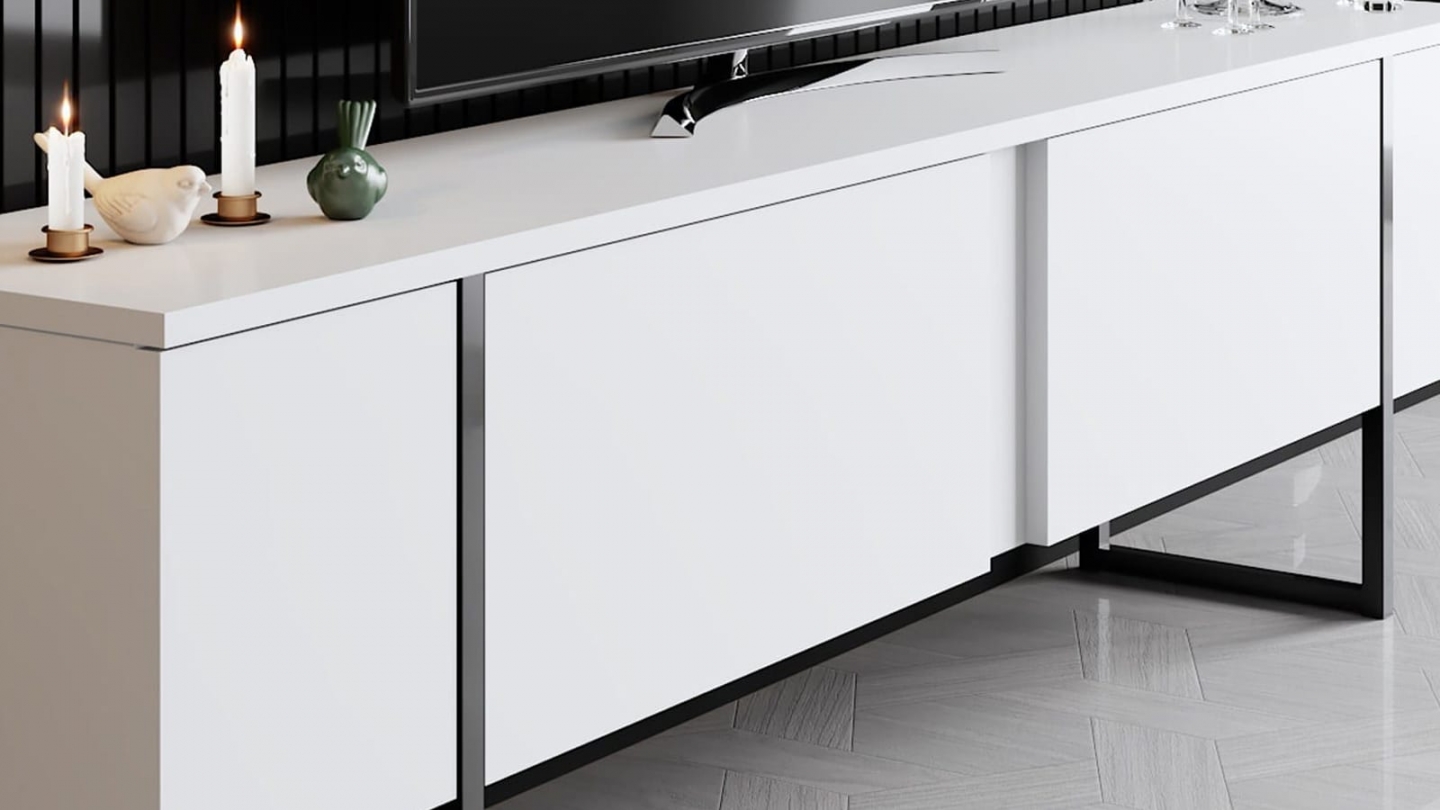 Meuble TV 2 portes blanc, piètement noir 180 cm - Celia Meuble TV 2 portes blanc, piètement noir 180 cm - Celia