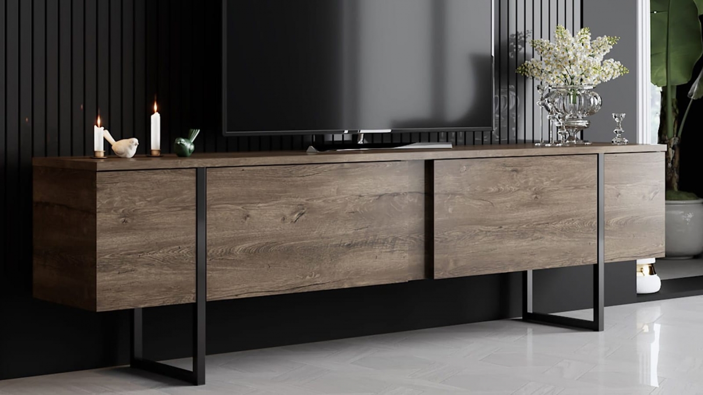 Meuble TV 2 portes effet Noyer, piètement noir 180 cm - Celia Meuble TV 2 portes effet Noyer, piètement noir 180 cm - Celia