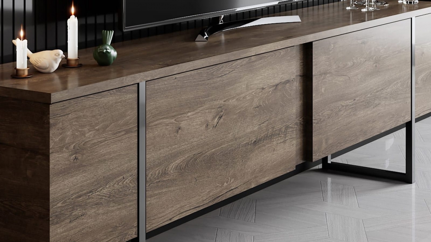 Meuble TV 2 portes effet Noyer, piètement noir 180 cm - Celia Meuble TV 2 portes effet Noyer, piètement noir 180 cm - Celia