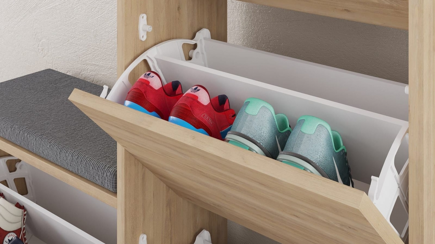 Meuble à chaussures 4 portes avec banc effet chêne 105 cm - Kira Meuble à chaussures 4 portes avec banc effet chêne 105 cm - Kira