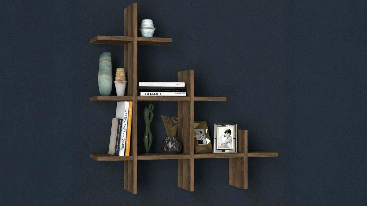 Etagère murale asymétrique 3 niveaux effet Noyer - Faro Etagère murale asymétrique 3 niveaux effet Noyer - Faro
