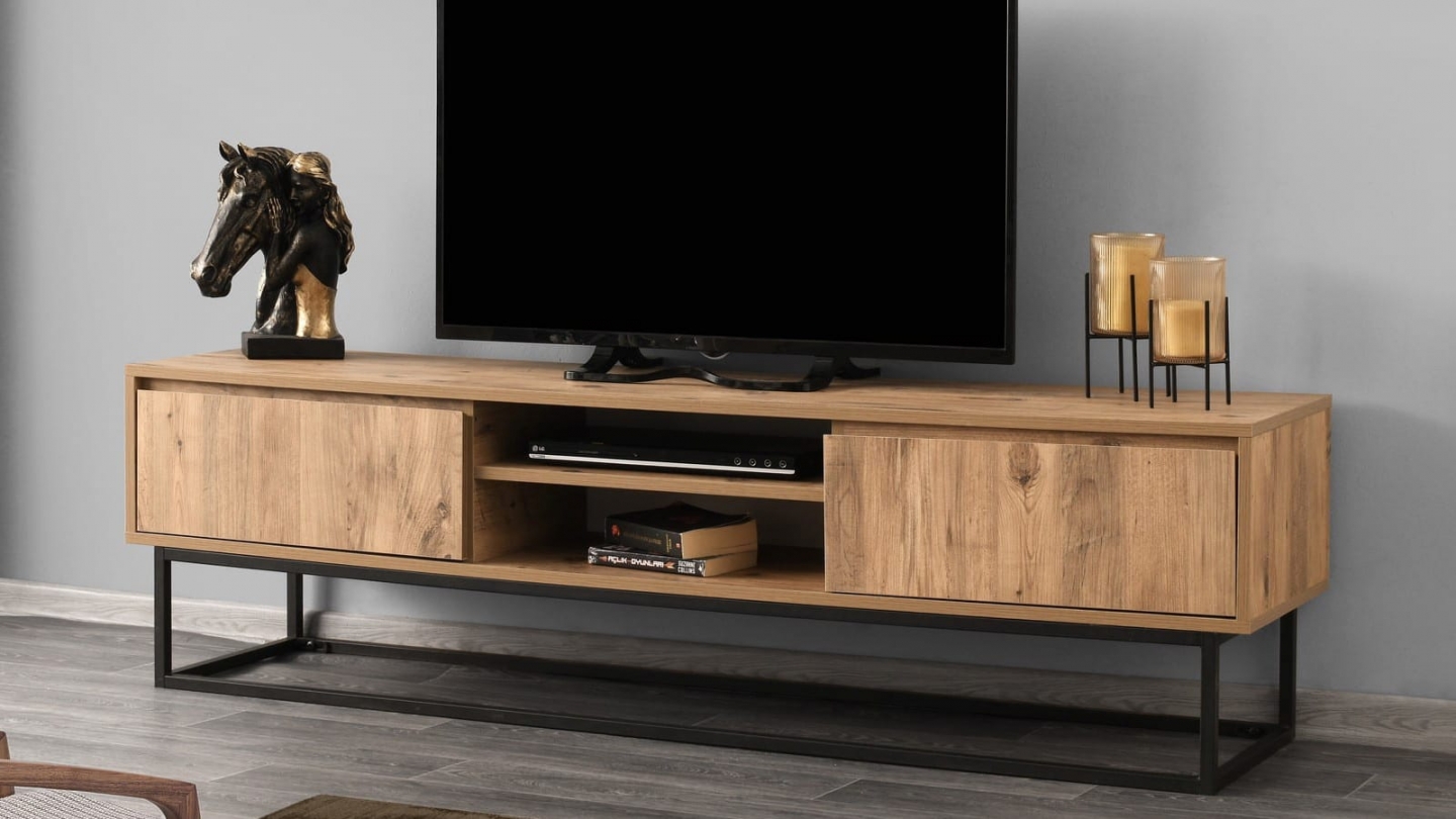 Meuble TV 2 tiroirs 2 niches effet bois 180 cm - Parma Meuble TV 2 tiroirs 2 niches effet bois 180 cm - Parma