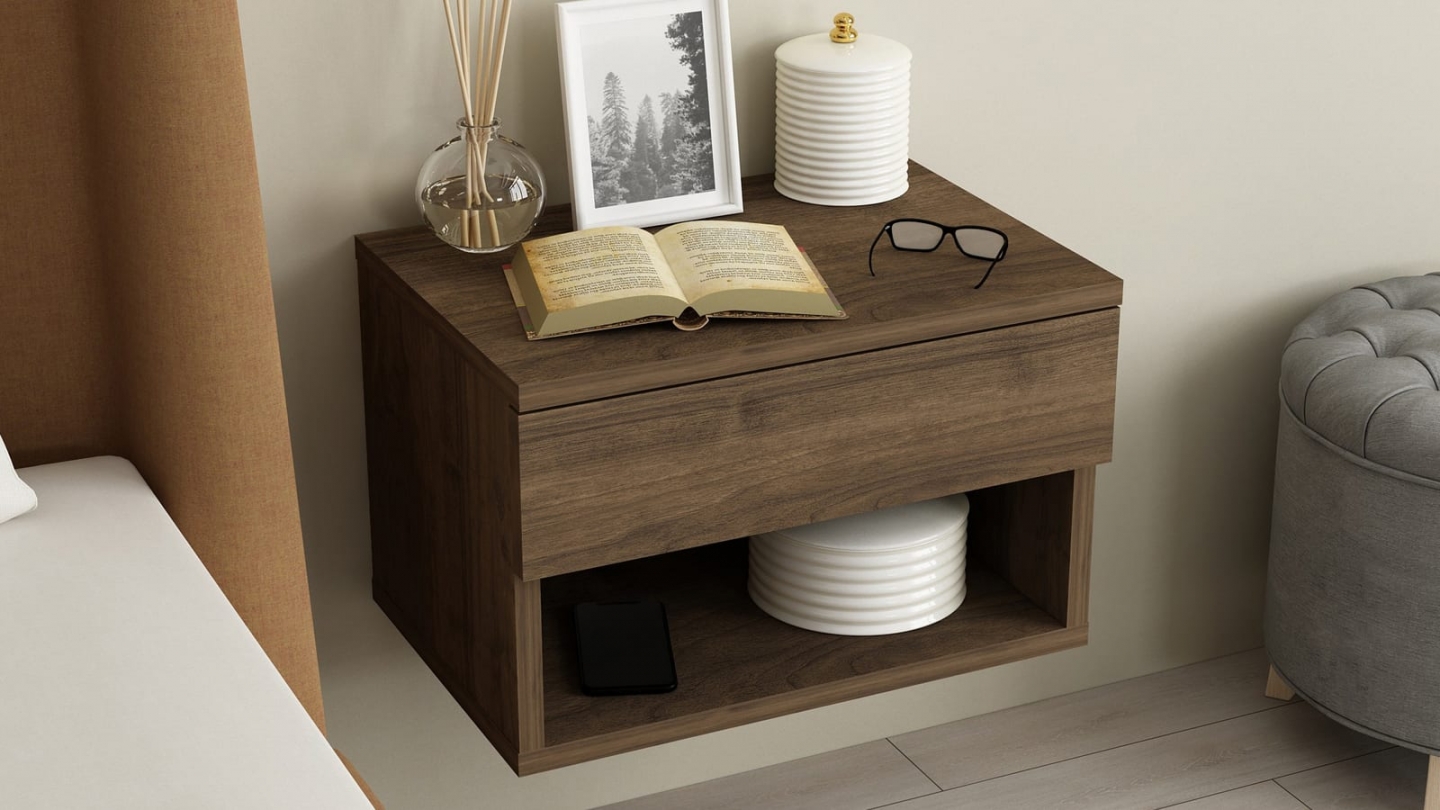 Table de chevet suspendue 1 tiroir 1 niche effet noyer 45 cm - Cosenza Table de chevet suspendue 1 tiroir 1 niche effet noyer 45 cm - Cosenza