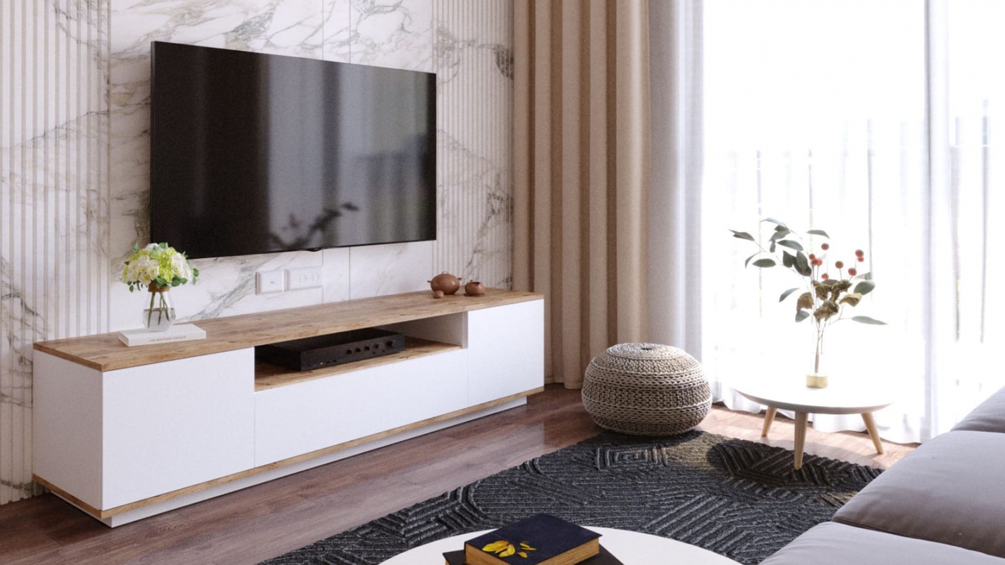 Meuble TV 3 portes blanc & effet bois 180 cm - Ravia Meuble TV 3 portes blanc & effet bois 180 cm - Ravia