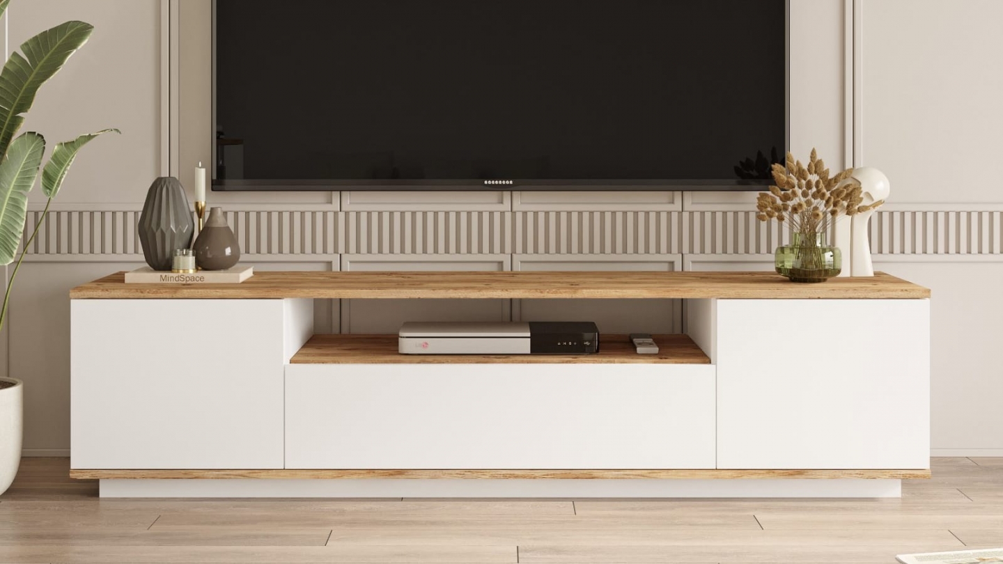 Meuble TV 3 portes blanc & effet bois 180 cm - Ravia Meuble TV 3 portes blanc & effet bois 180 cm - Ravia