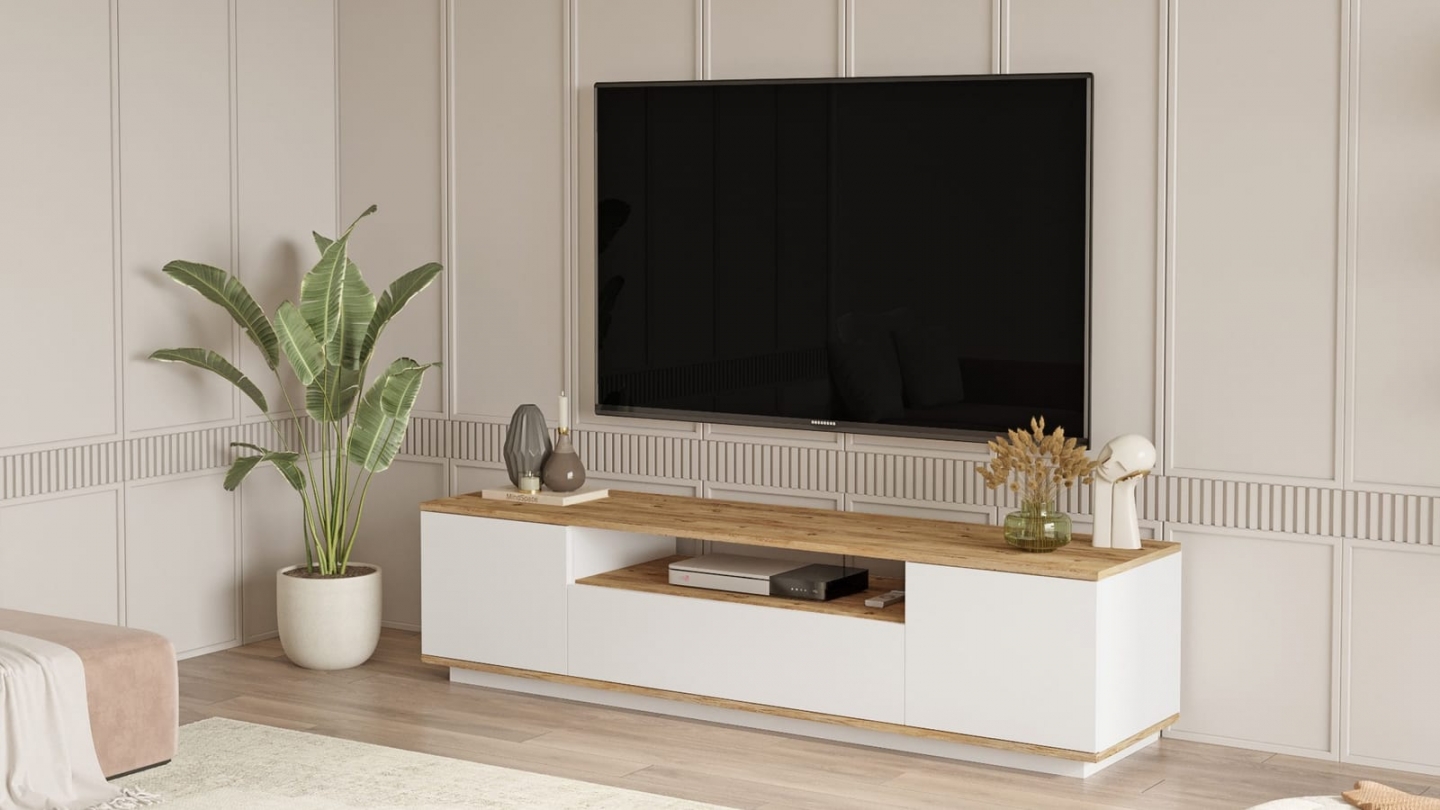 Meuble TV 3 portes blanc & effet bois 180 cm - Ravia Meuble TV 3 portes blanc & effet bois 180 cm - Ravia