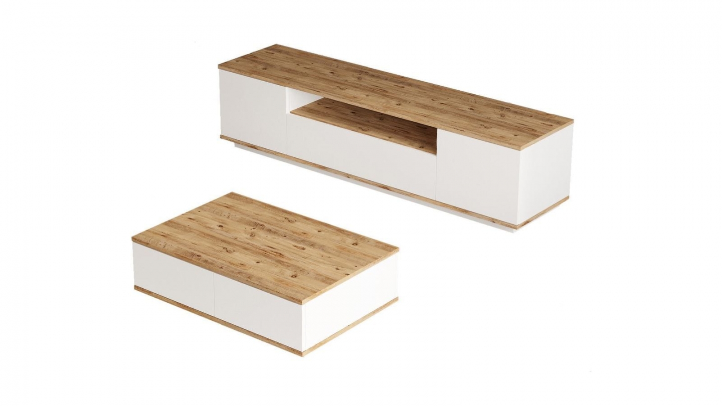 Ensemble meuble TV et table basse blanc & effet bois - Ravia Ensemble meuble TV et table basse blanc & effet bois - Ravia