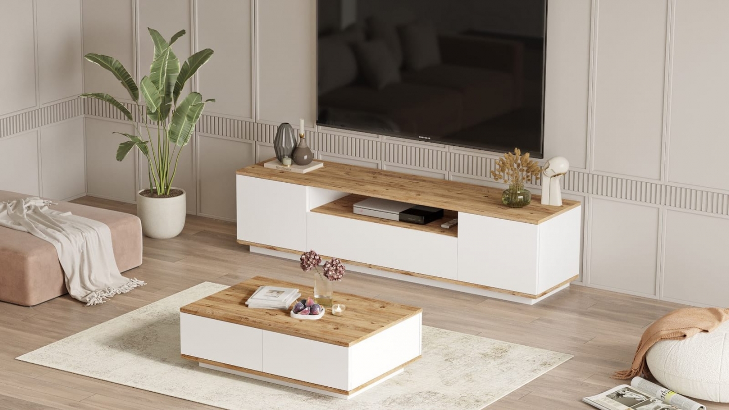Ensemble meuble TV et table basse blanc & effet bois - Ravia Ensemble meuble TV et table basse blanc & effet bois - Ravia