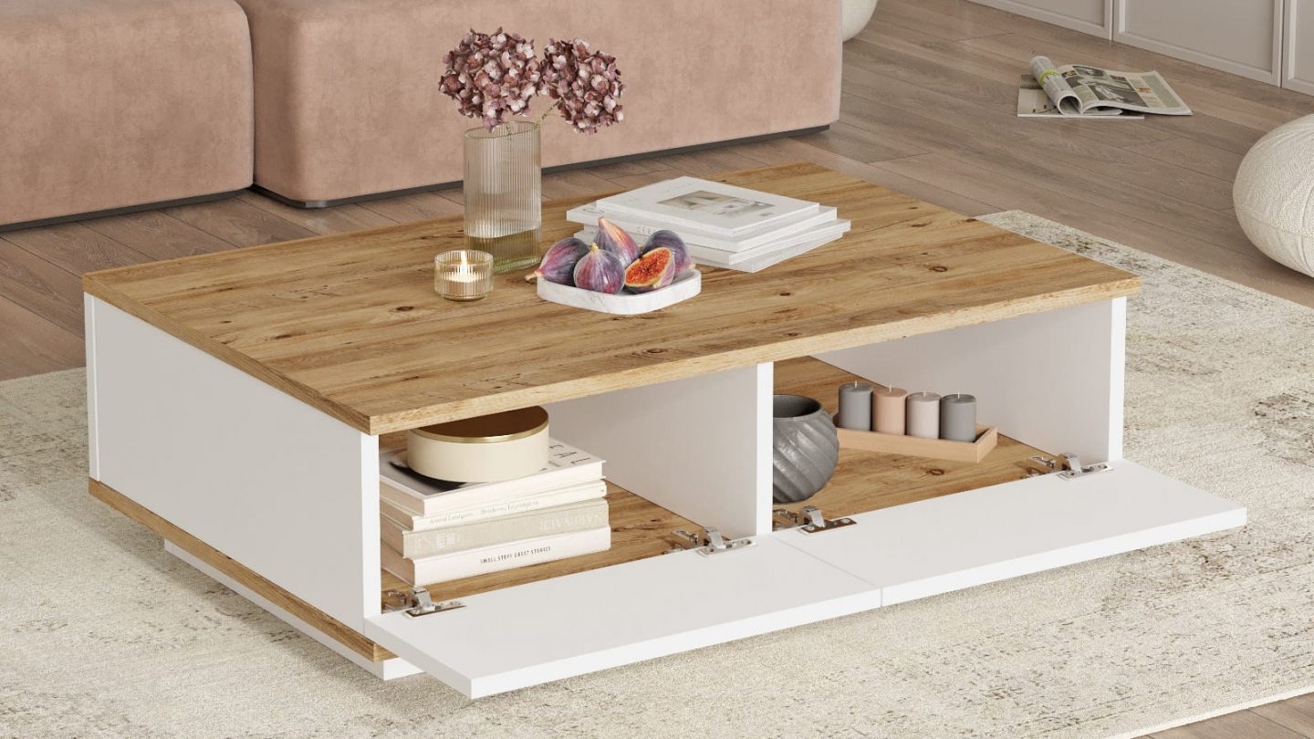 Ensemble meuble TV et table basse blanc & effet bois - Ravia Ensemble meuble TV et table basse blanc & effet bois - Ravia