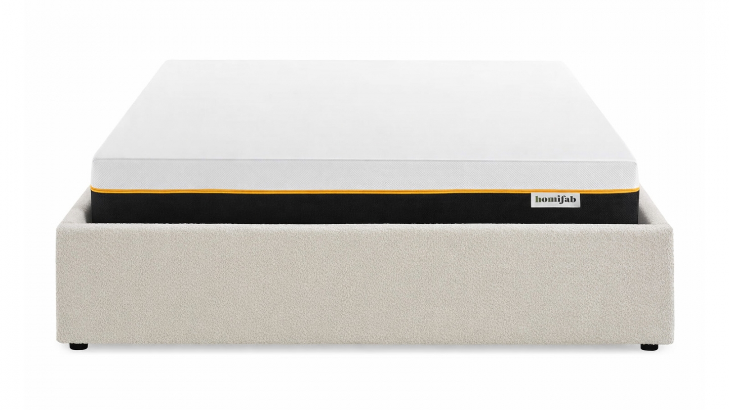 Ensemble Lit coffre adulte 180x200cm en tissu bouclé beige avec sommier - Handy + Matelas mémoire de forme - Dual Confort Ensemble Lit coffre adulte 180x200cm en tissu bouclé beige avec sommier - Handy + Matelas mémoire de forme - Dual Confort