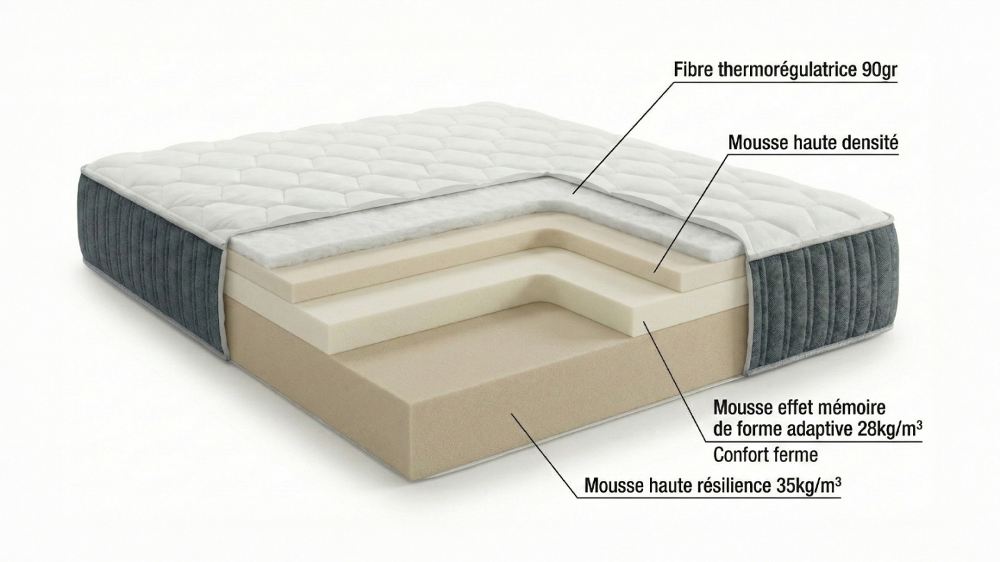Matelas mémoire de forme 140x190 Memo Prestige Hbedding - Mousse ergonomique, mousse HR 35kg et mousse à effet mémoire de forme Matelas mémoire de forme 140x190 Memo Prestige Hbedding - Mousse ergonomique, mousse HR 35kg et mousse à effet mémoire de forme