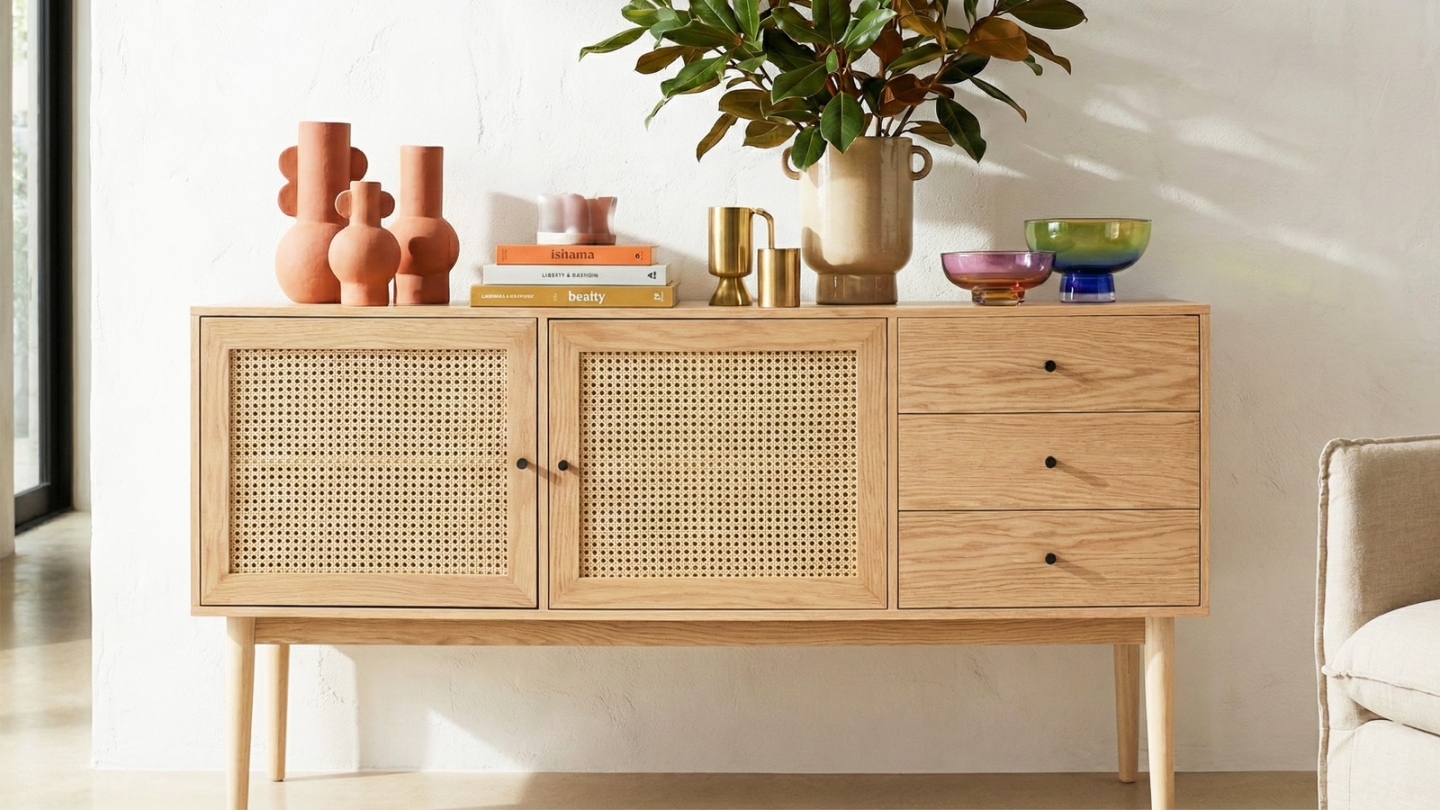 Buffet 2 portes 3 tiroirs en cannage naturel et placage chêne 170 cm - Eden Buffet 2 portes 3 tiroirs en cannage naturel et placage chêne 170 cm - Eden