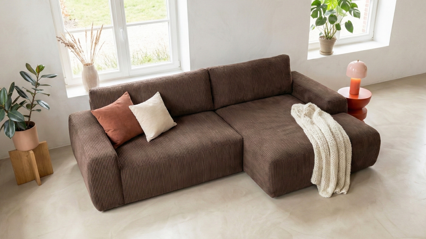 Canapé d'angle droit convertible 3 places en velours côtelé moka - Sonny Canapé d'angle droit convertible 3 places en velours côtelé moka - Sonny