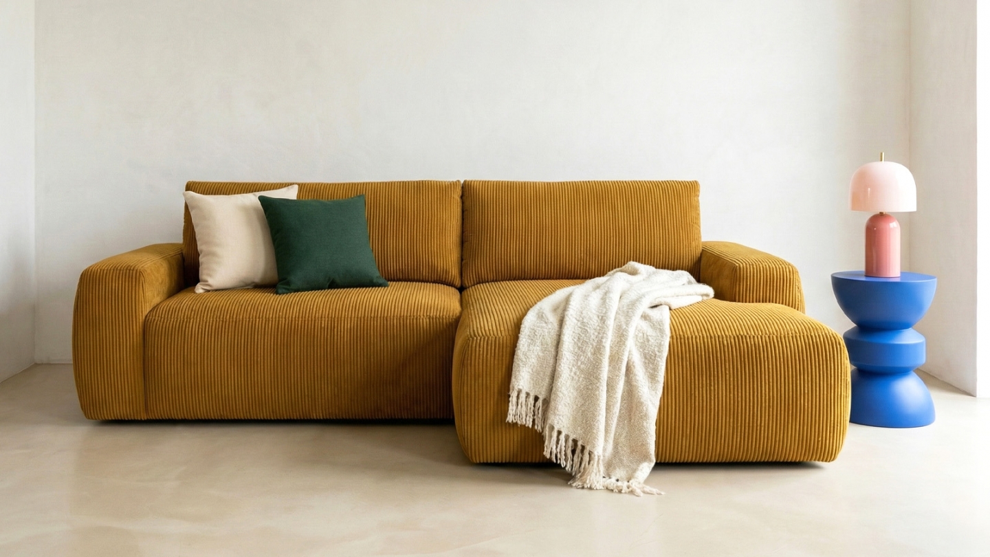 Canapé d'angle droit convertible 3 places en velours côtelé jaune moutarde - Sonny Canapé d'angle droit convertible 3 places en velours côtelé jaune moutarde - Sonny