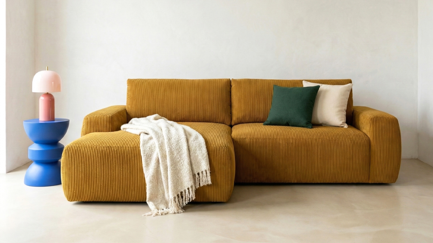 Canapé d'angle gauche convertible 3 places en velours côtelé jaune moutarde - Sonny Canapé d'angle gauche convertible 3 places en velours côtelé jaune moutarde - Sonny