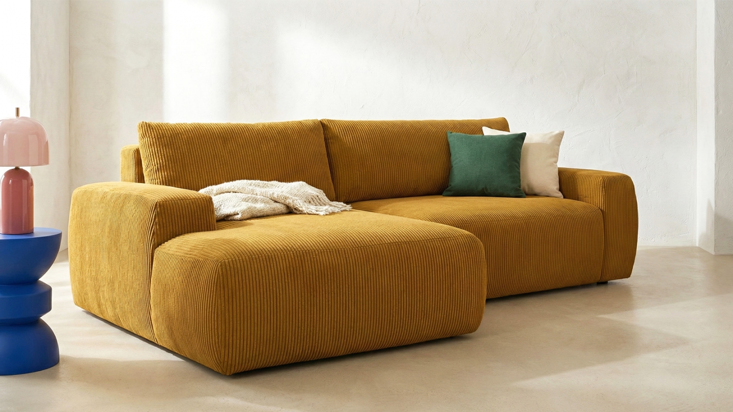 Canapé d'angle gauche convertible 3 places en velours côtelé jaune moutarde - Sonny Canapé d'angle gauche convertible 3 places en velours côtelé jaune moutarde - Sonny