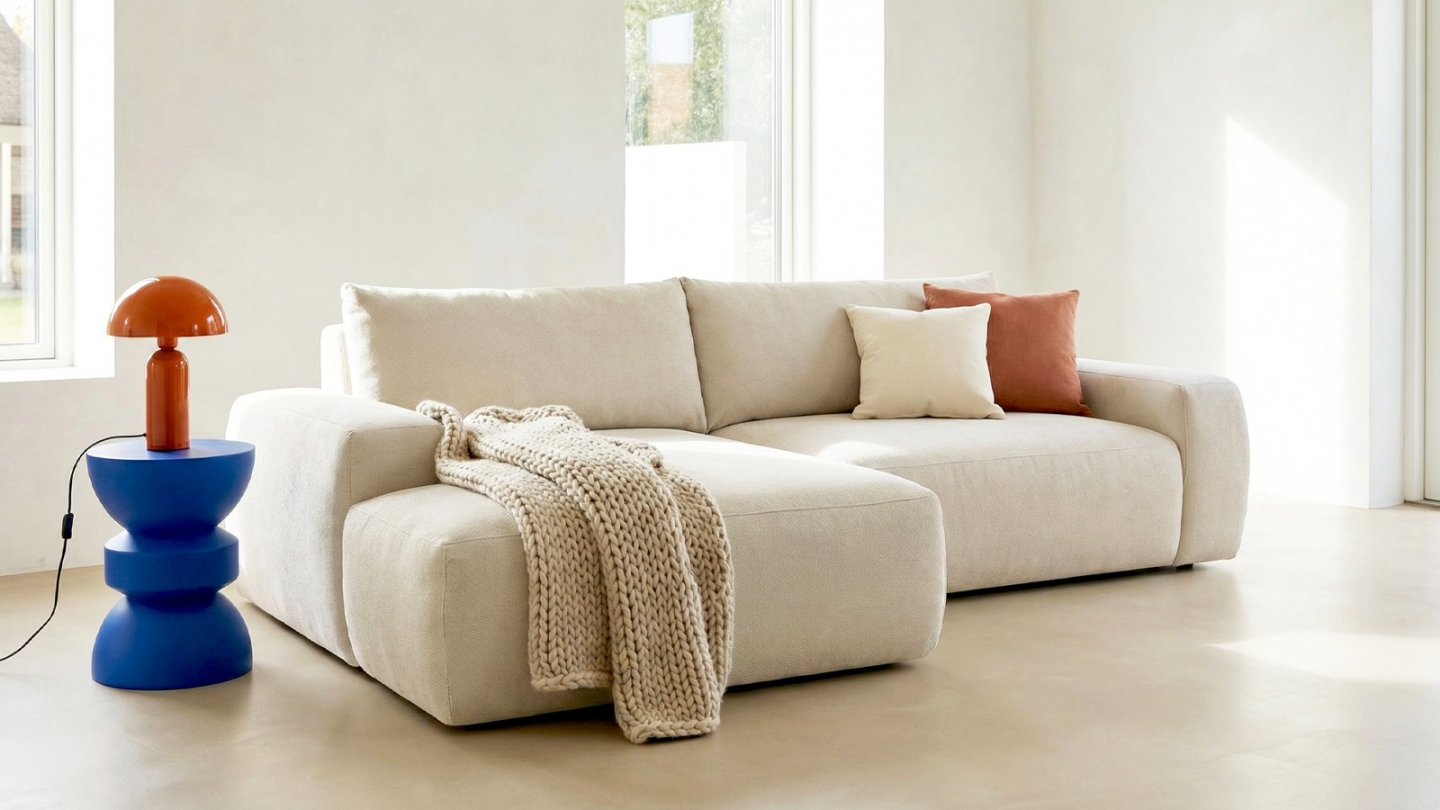 Canapé d'angle gauche convertible 3 places en tissu chenille beige - Sonny Canapé d'angle gauche convertible 3 places en tissu chenille beige - Sonny