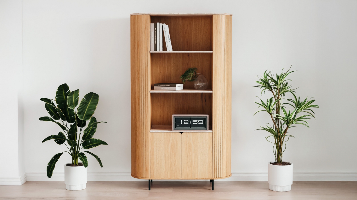 Buffet haut 2 portes 3 niches effet Chêne et Travertin 100 cm - Juna Buffet haut 2 portes 3 niches effet Chêne et Travertin 100 cm - Juna