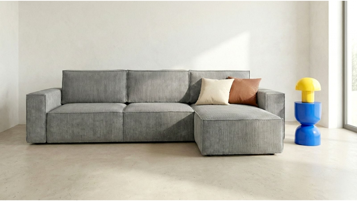 Canapé d'angle 5 places convertible réversible avec coffre de rangement en velours côtelé gris clair - Harper New Canapé d'angle 5 places convertible réversible avec coffre de rangement en velours côtelé gris clair - Harper New