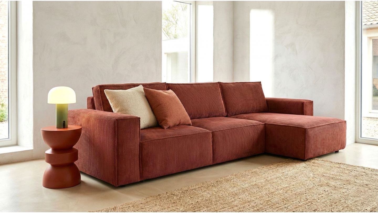 Canapé d'angle convertible réversible 5 places avec coffre de rangement en velours côtelé rouille - Harper Canapé d'angle convertible réversible 5 places avec coffre de rangement en velours côtelé rouille - Harper
