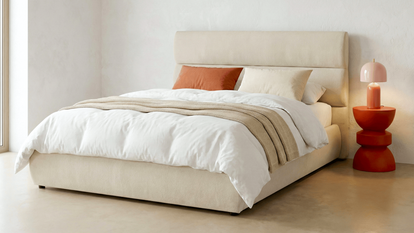 Lit coffre adulte 160x200 cm avec tête de lit capitonnée en tissu chenille beige - Simon Lit coffre adulte 160x200 cm avec tête de lit capitonnée en tissu chenille beige - Simon