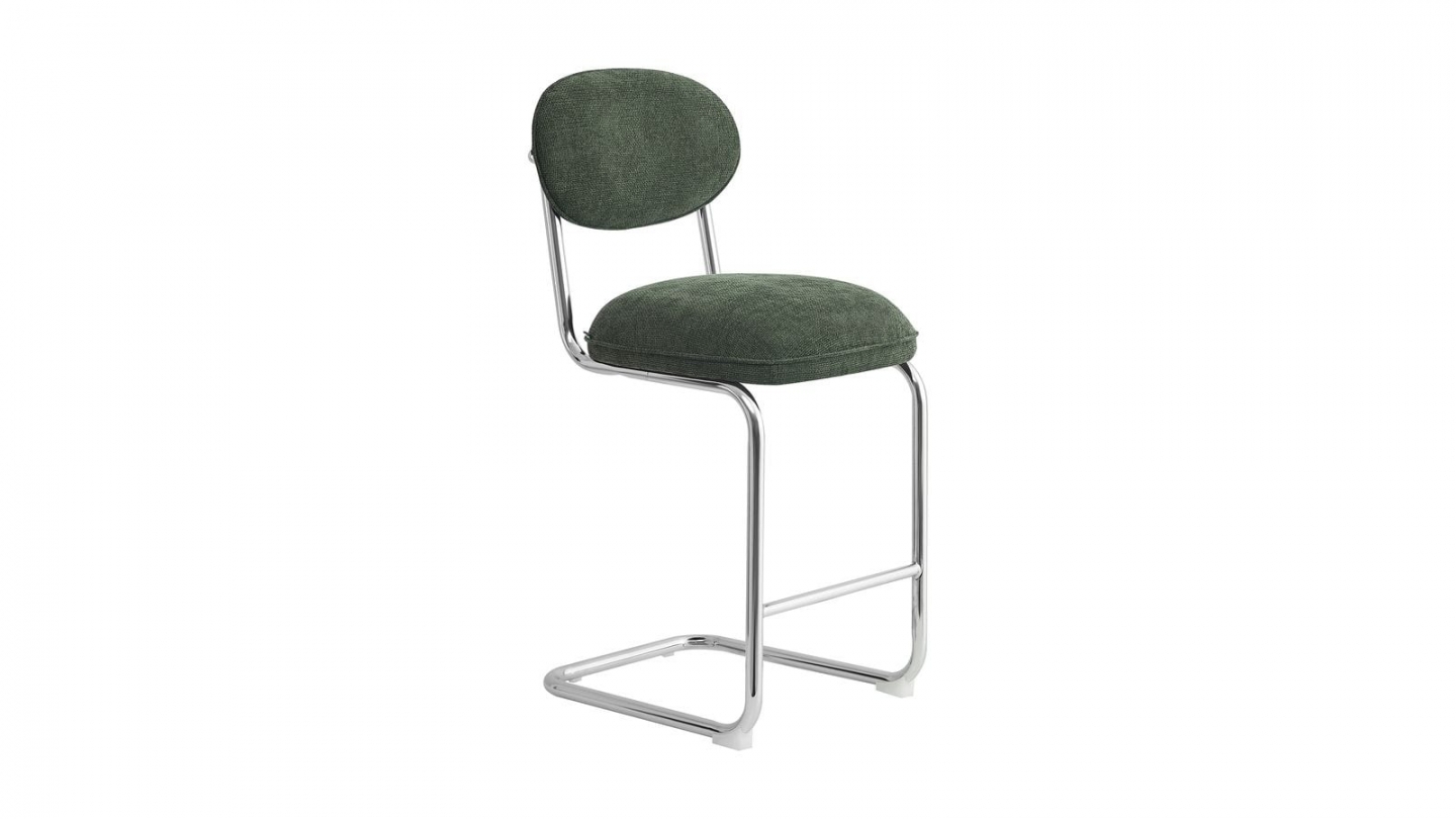 Lot de 2 tabourets de bar en tissu chenille vert, piètement chromé - Lou Lot de 2 tabourets de bar en tissu chenille vert, piètement chromé - Lou