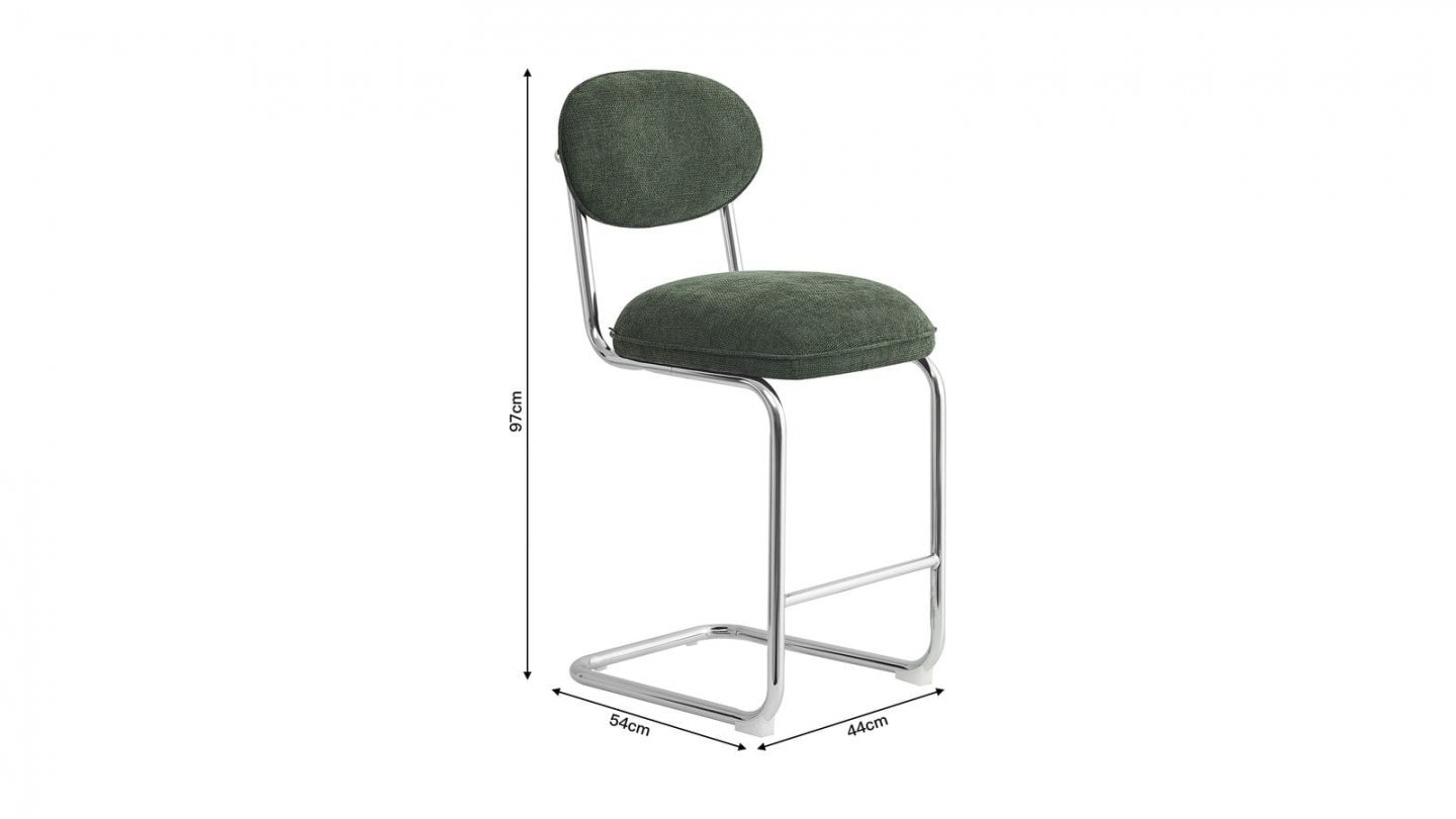 Lot de 2 tabourets de bar en tissu chenille vert, piètement chromé - Lou Lot de 2 tabourets de bar en tissu chenille vert, piètement chromé - Lou