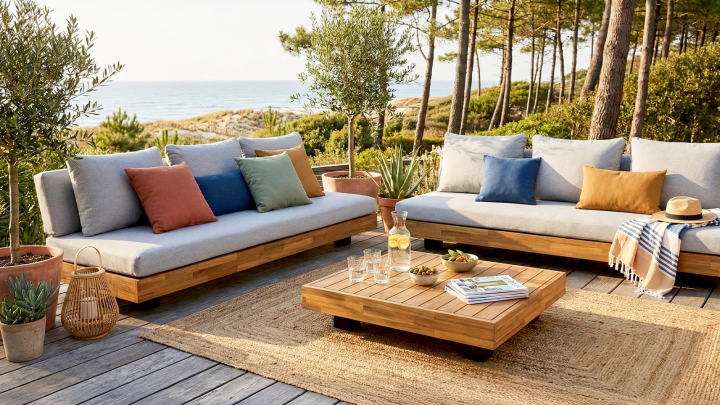 Salon de jardin 6 places en bois FSC - 2 Canapés 3 pl. et table basse - Capri Salon de jardin 6 places en bois FSC - 2 Canapés 3 pl. et table basse - Capri