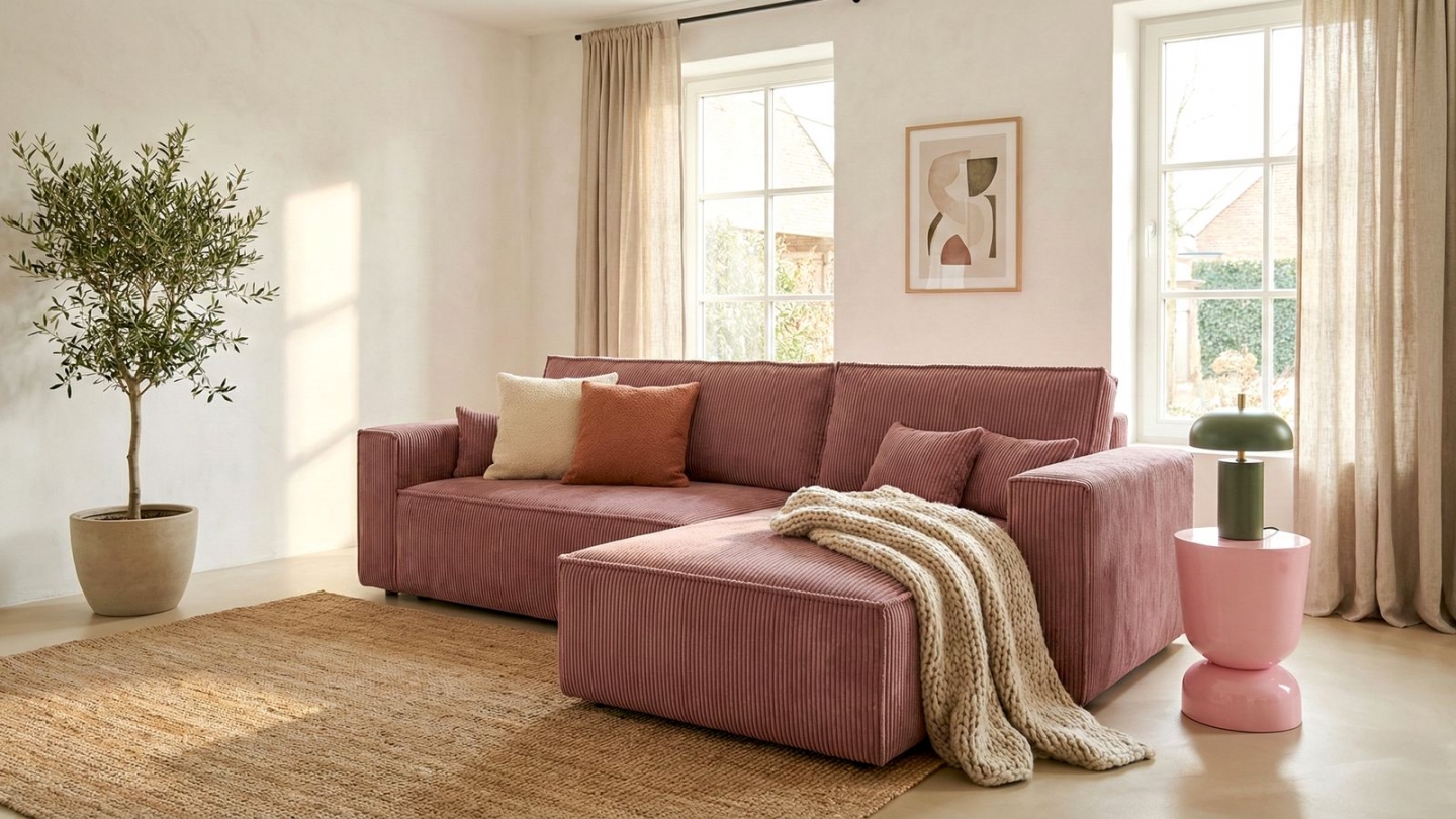 Canapé d'angle convertible réversible 4 places avec coffre de rangement en velours côtelé vieux rose - Livia New Canapé d'angle convertible réversible 4 places avec coffre de rangement en velours côtelé vieux rose - Livia New