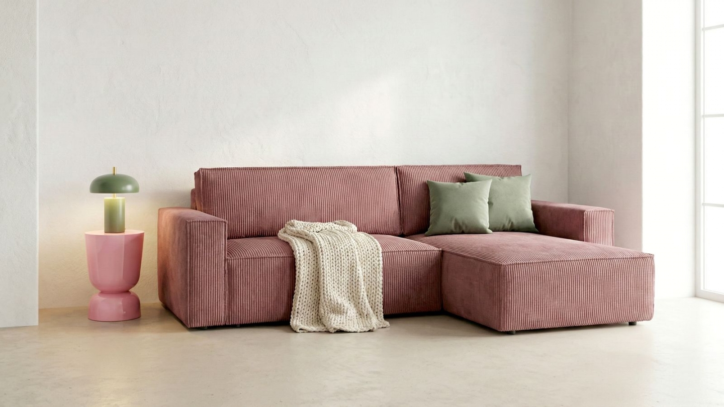 Canapé d'angle convertible réversible 4 places avec coffre de rangement en velours côtelé vieux rose - Livia New Canapé d'angle convertible réversible 4 places avec coffre de rangement en velours côtelé vieux rose - Livia New