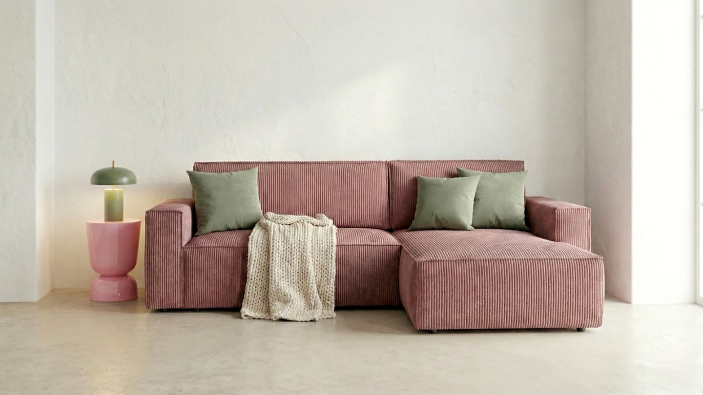 Canapé d'angle convertible réversible 4 places avec coffre de rangement en velours côtelé vieux rose - Livia New Canapé d'angle convertible réversible 4 places avec coffre de rangement en velours côtelé vieux rose - Livia New