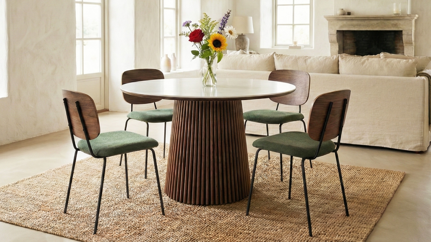 Table à manger ronde plateau en céramique effet marbre et piètement effet noyer 5 à 6 pers. 120 cm - Ada Table à manger ronde plateau en céramique effet marbre et piètement effet noyer 5 à 6 pers. 120 cm - Ada