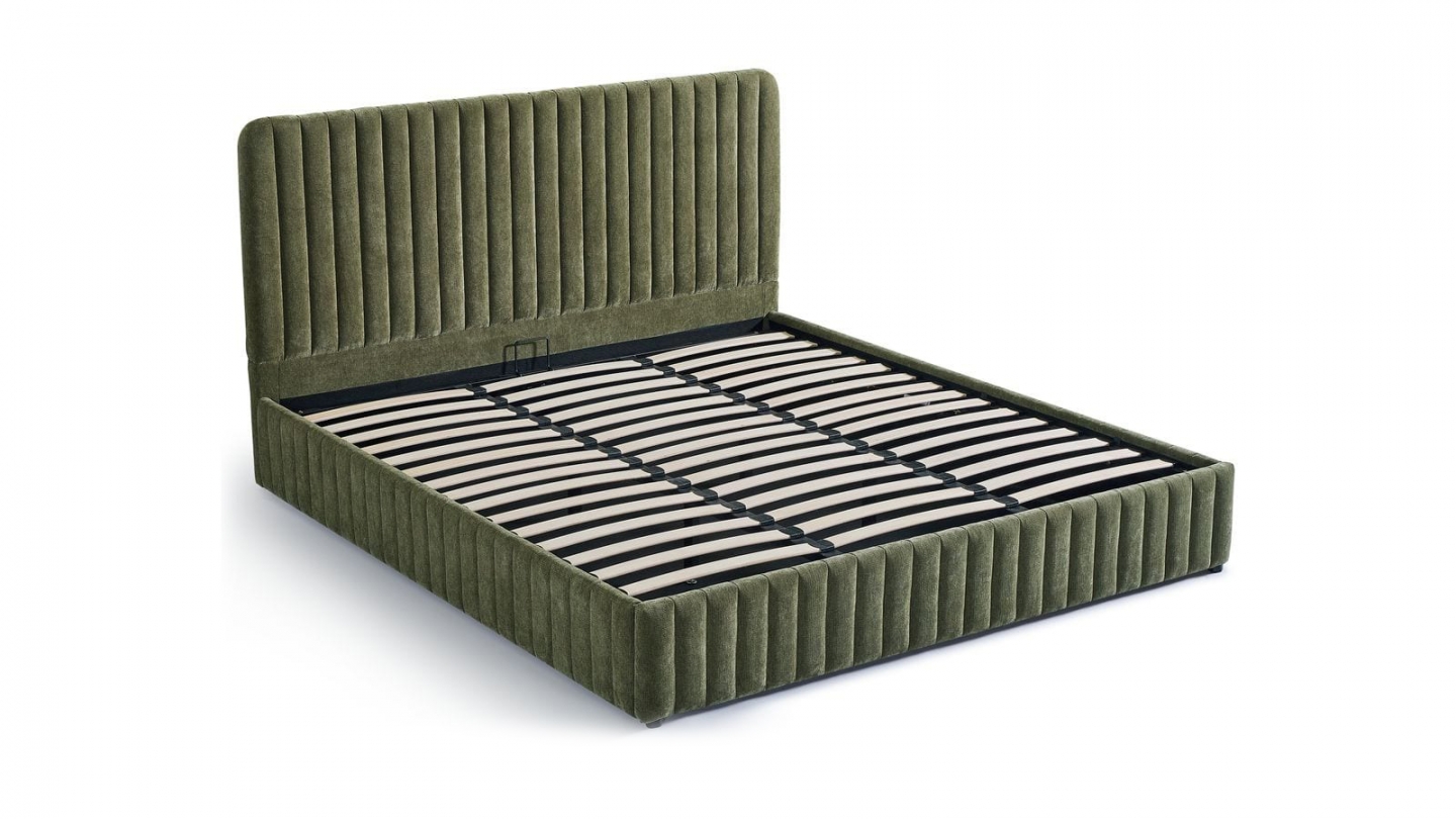 Lit coffre adulte 180x200 cm avec tête de lit capitonnée en tissu chenille vert kaki - Alto Lit coffre adulte 180x200 cm avec tête de lit capitonnée en tissu chenille vert kaki - Alto