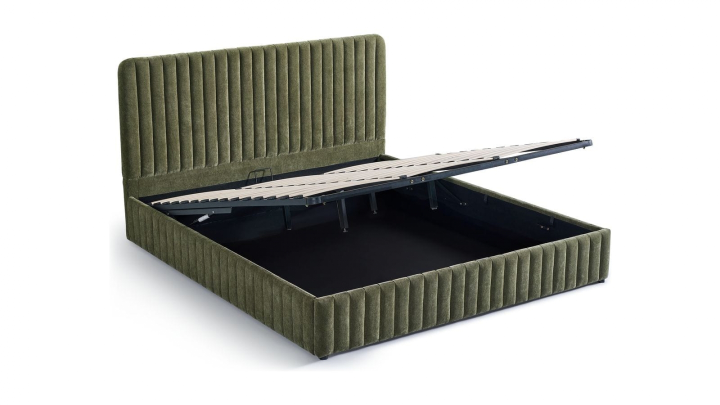 Lit coffre adulte 180x200 cm avec tête de lit capitonnée en tissu chenille vert kaki - Alto Lit coffre adulte 180x200 cm avec tête de lit capitonnée en tissu chenille vert kaki - Alto