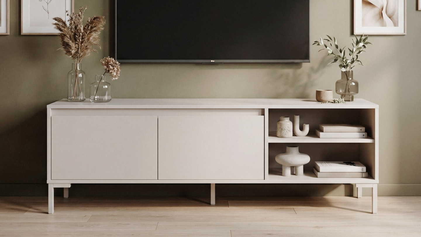 Meuble TV 2 portes 2 niches beige 150 cm - Ronda Meuble TV 2 portes 2 niches beige 150 cm - Ronda