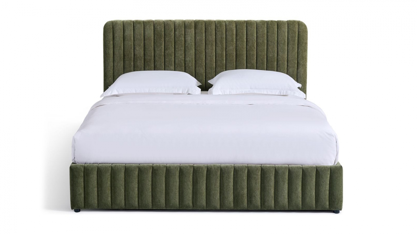 Lit coffre adulte 140x190 cm avec tête de lit capitonnée en tissu chenille vert kaki - Alto Lit coffre adulte 140x190 cm avec tête de lit capitonnée en tissu chenille vert kaki - Alto