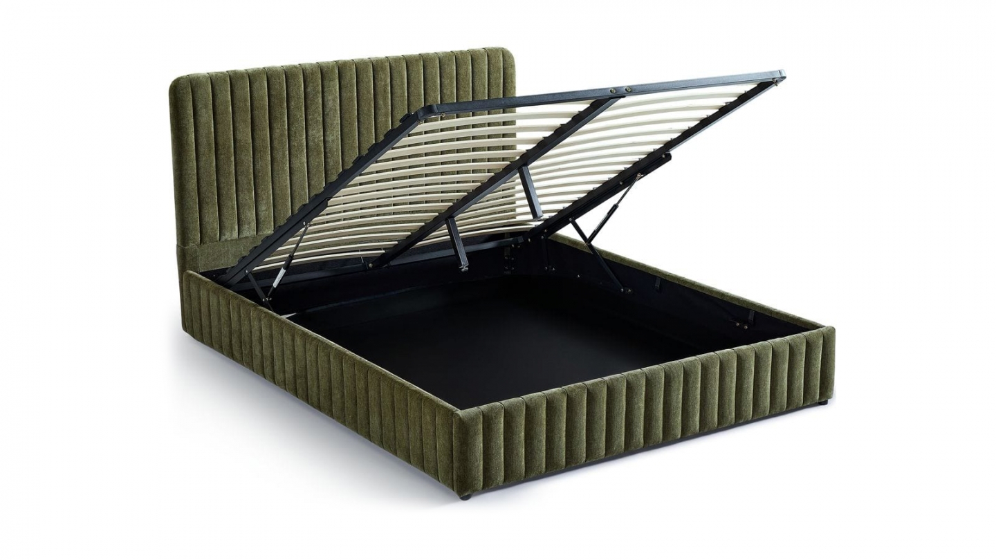 Lit coffre adulte 140x190 cm avec tête de lit capitonnée en tissu chenille vert kaki - Alto Lit coffre adulte 140x190 cm avec tête de lit capitonnée en tissu chenille vert kaki - Alto