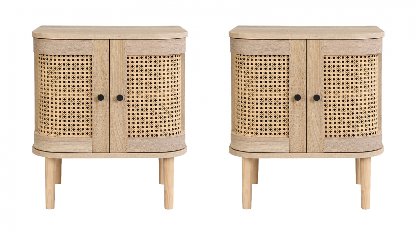Lot de 2 tables de chevet 2 portes couleur chêne et cannage 40 cm - Bali Lot de 2 tables de chevet 2 portes couleur chêne et cannage 40 cm - Bali