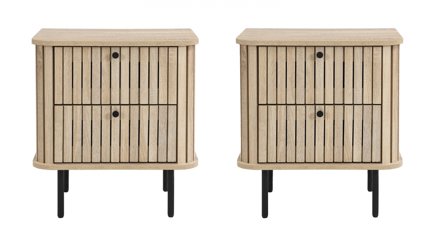 Lot de 2 tables de chevet 2 tiroirs rainurés couleur chêne L50xH55 cm - Solna Lot de 2 tables de chevet 2 tiroirs rainurés couleur chêne L50xH55 cm - Solna