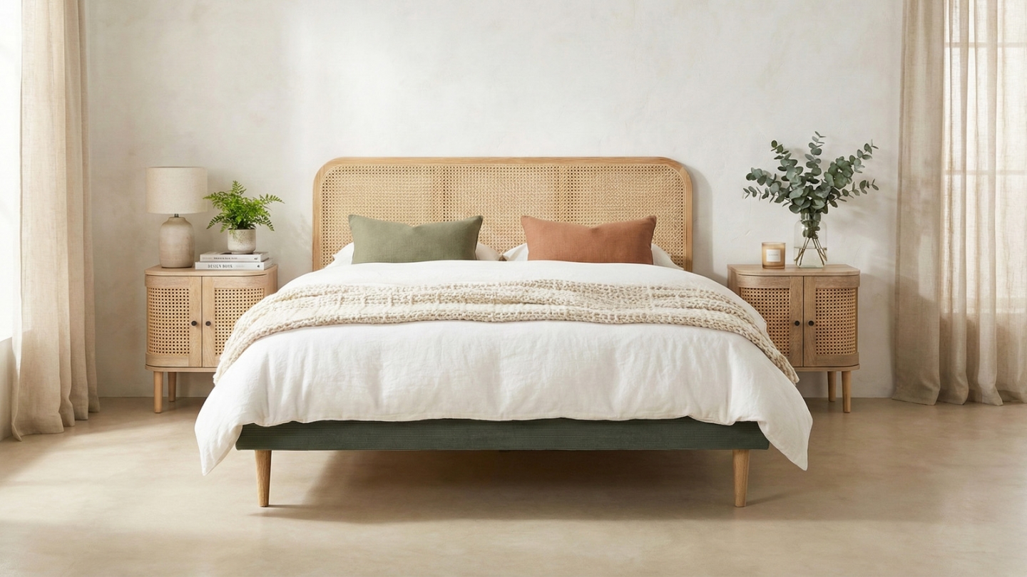 Ensemble Lit adulte 140x190 cm en velours côtelé vert kaki avec tête de lit en cannage Dalia + lot de 2 chevets Bali Ensemble Lit adulte 140x190 cm en velours côtelé vert kaki avec tête de lit en cannage Dalia + lot de 2 chevets Bali