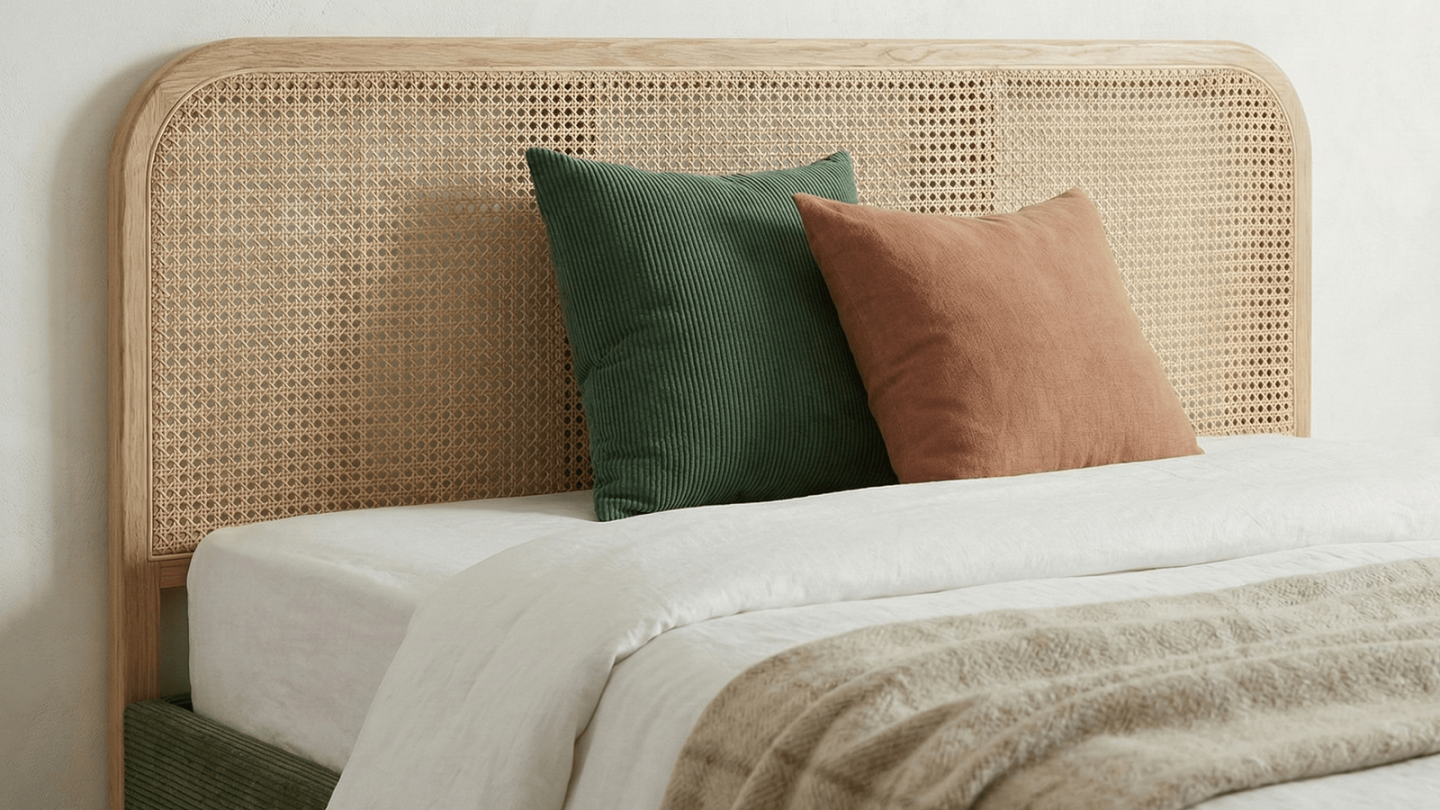 Ensemble Lit adulte 140x190 cm en velours côtelé vert kaki avec tête de lit en cannage Dalia + lot de 2 chevets Bali Ensemble Lit adulte 140x190 cm en velours côtelé vert kaki avec tête de lit en cannage Dalia + lot de 2 chevets Bali