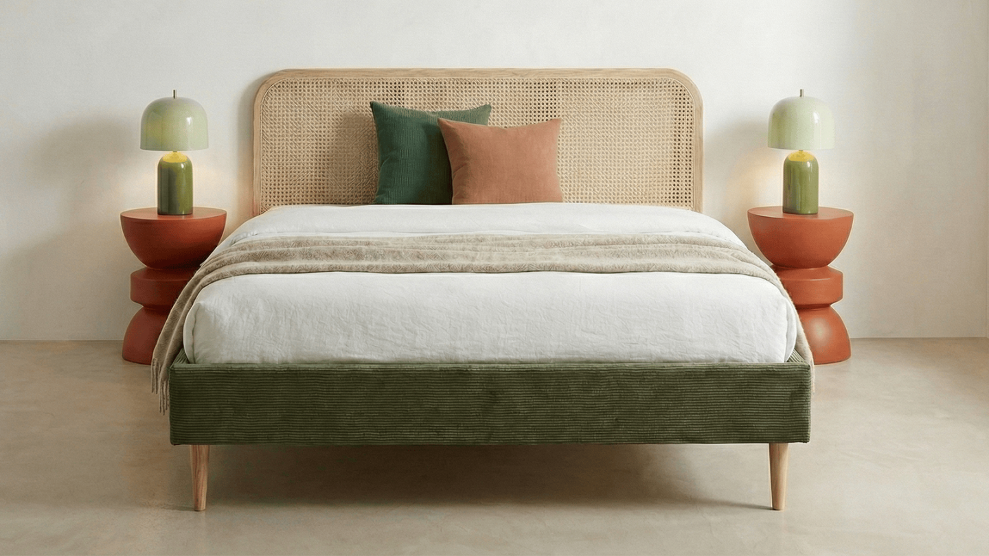 Ensemble Lit adulte 140x190 cm en velours côtelé vert kaki avec tête de lit en cannage Dalia + lot de 2 chevets Bali Ensemble Lit adulte 140x190 cm en velours côtelé vert kaki avec tête de lit en cannage Dalia + lot de 2 chevets Bali