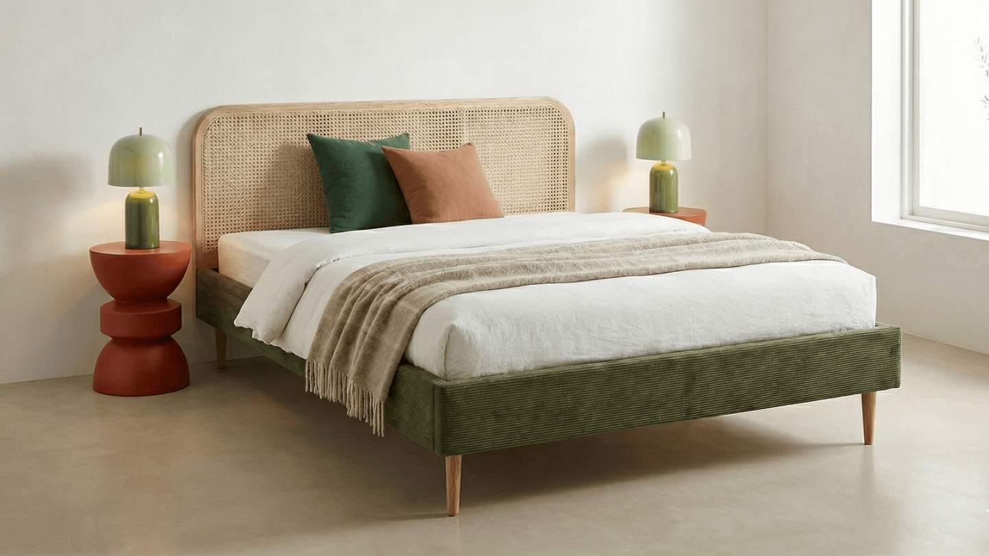 Ensemble Lit adulte 180x200 cm en velours côtelé vert kaki avec tête de lit en cannage Dalia + lot de 2 chevets Bali Ensemble Lit adulte 180x200 cm en velours côtelé vert kaki avec tête de lit en cannage Dalia + lot de 2 chevets Bali