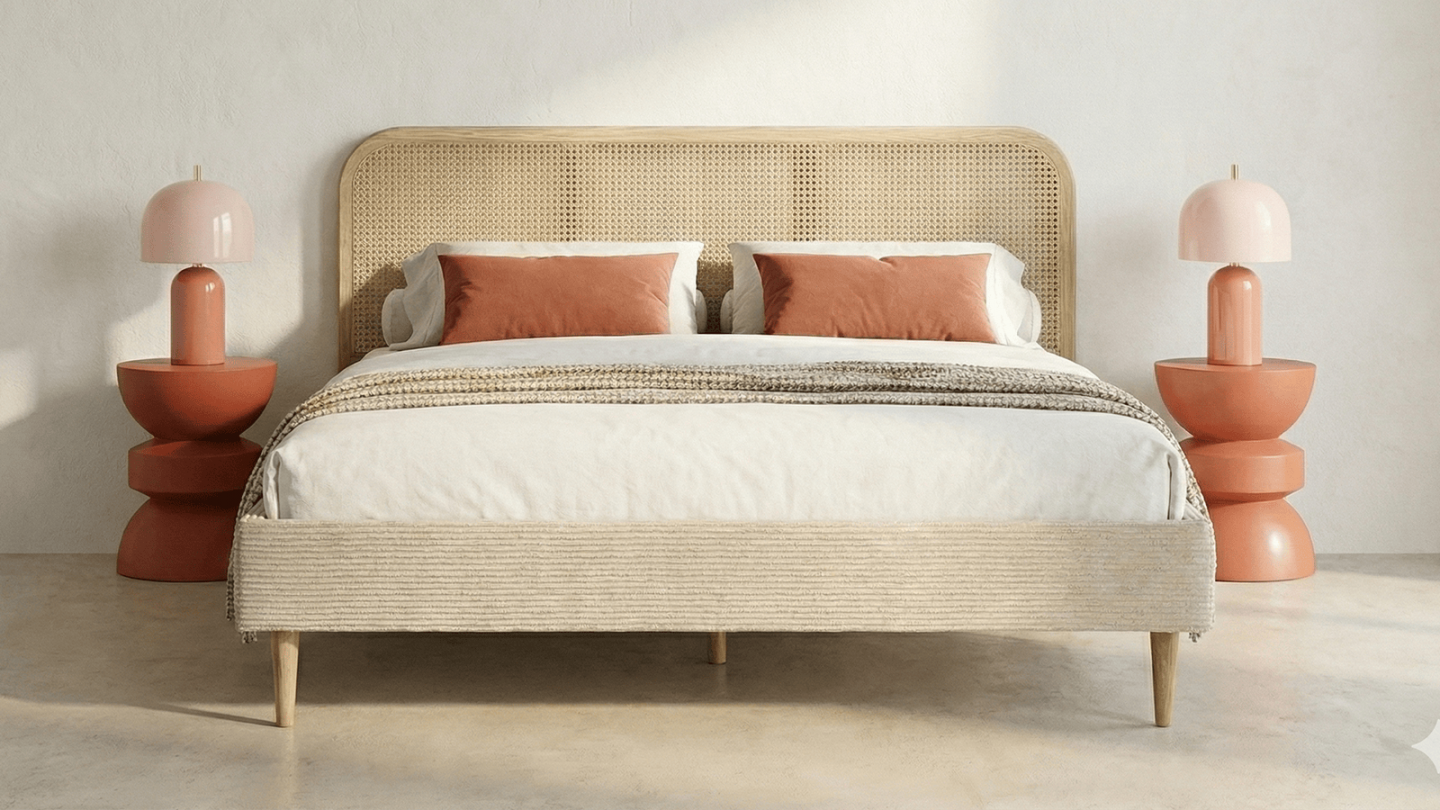 Ensemble Lit adulte 140x190 cm en velours côtelé beige avec tête de lit en cannage Dalia + lot de 2 chevets Bali Ensemble Lit adulte 140x190 cm en velours côtelé beige avec tête de lit en cannage Dalia + lot de 2 chevets Bali