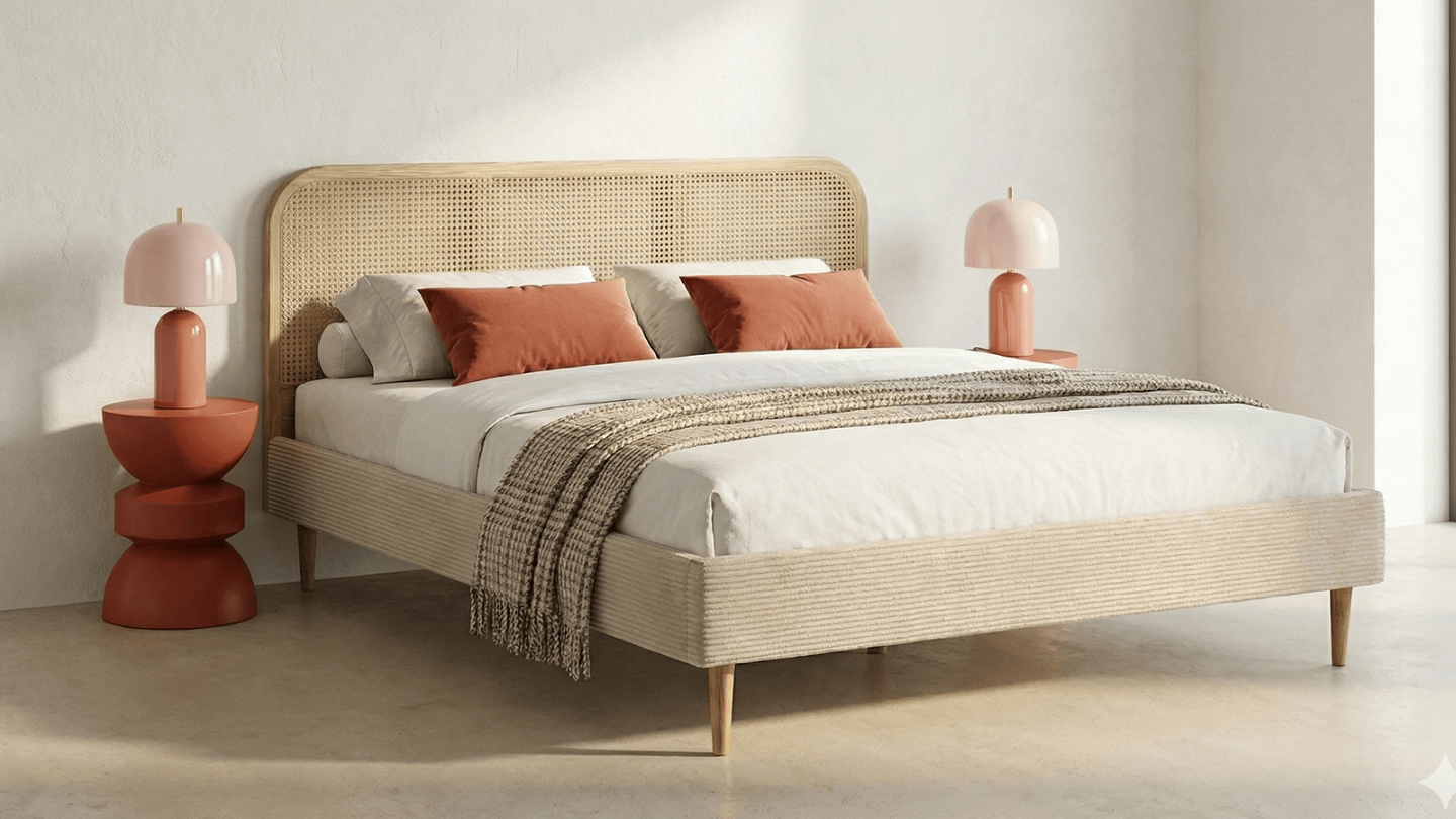 Ensemble Lit adulte 140x190 cm en velours côtelé beige avec tête de lit en cannage Dalia + lot de 2 chevets Bali Ensemble Lit adulte 140x190 cm en velours côtelé beige avec tête de lit en cannage Dalia + lot de 2 chevets Bali