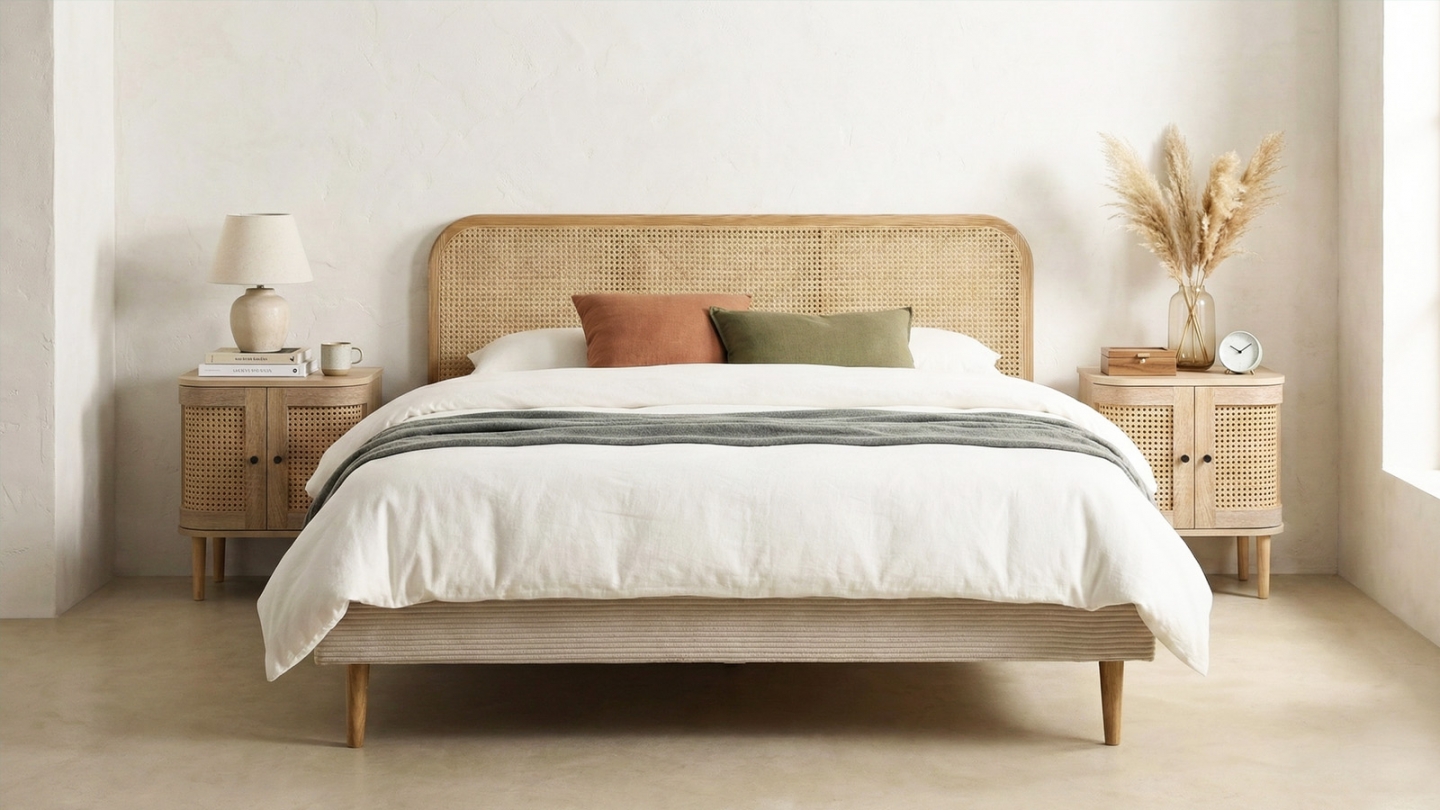 Ensemble Lit adulte 140x190 cm en velours côtelé beige avec tête de lit en cannage Dalia + lot de 2 chevets Bali Ensemble Lit adulte 140x190 cm en velours côtelé beige avec tête de lit en cannage Dalia + lot de 2 chevets Bali