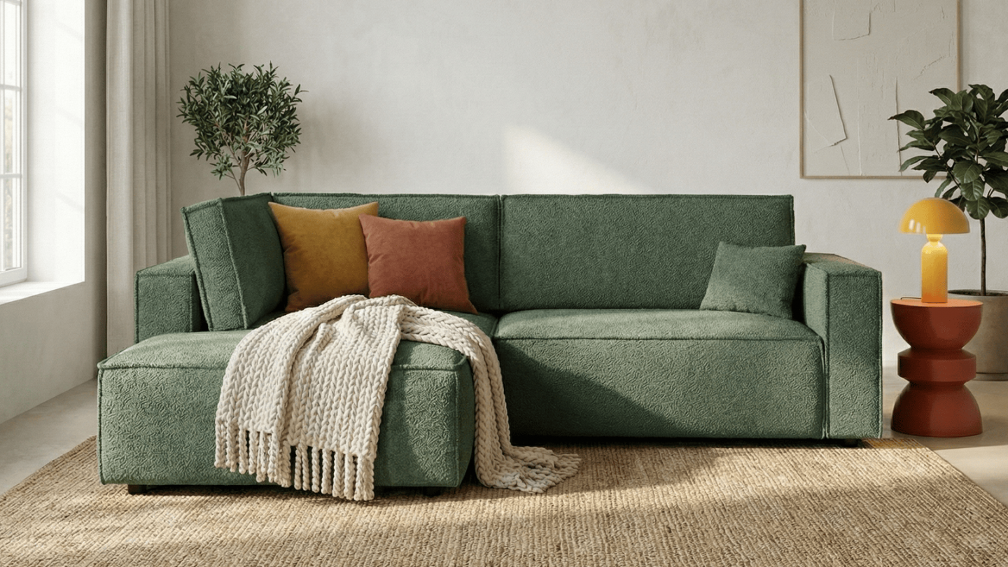 Canapé d'angle ouvert à droite convertible 3 places en tissu bouclé vert foncé - Emma Canapé d'angle ouvert à droite convertible 3 places en tissu bouclé vert foncé - Emma